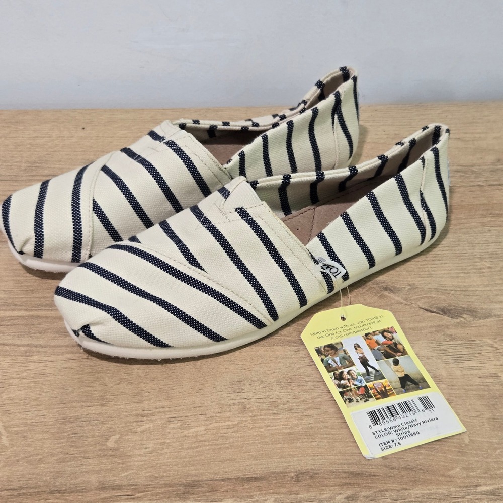 TOMS Women 7.5 Classic Alpargata Riviera Canvas Flats White Navy Stripe 10011860